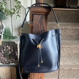 Lauren Ralph Lauren Navy Blue Bucket Bag Purse Handbag LRL Insignia Cow leather
